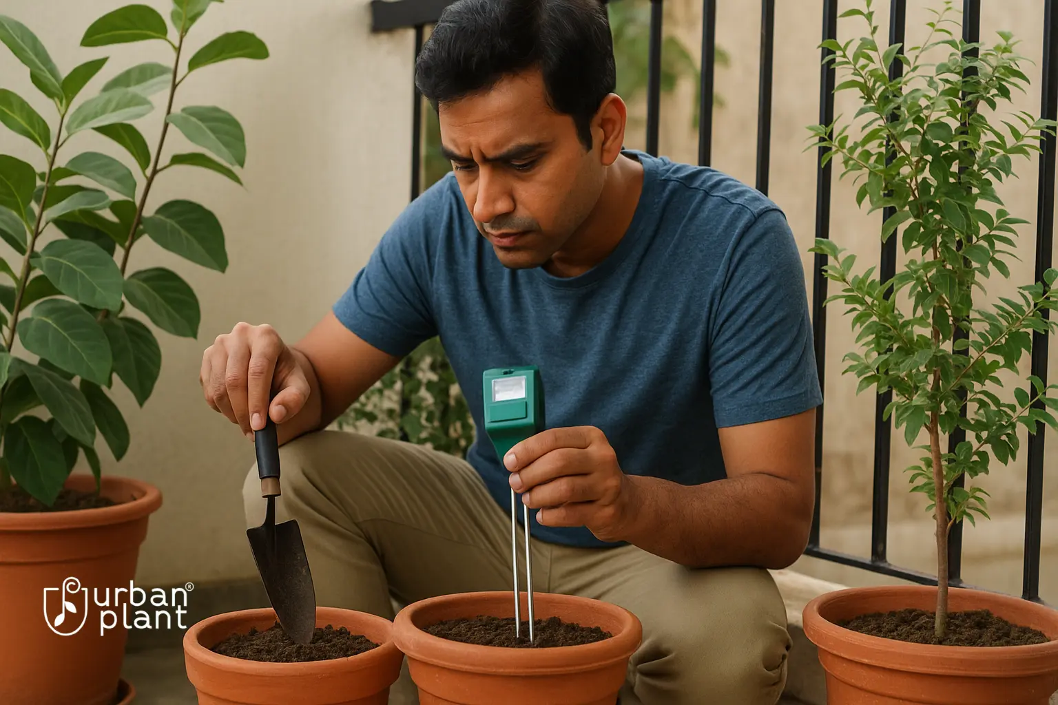 Indian gardener checking soil quality and pH level using a soil tester and trowel | Urban Plant